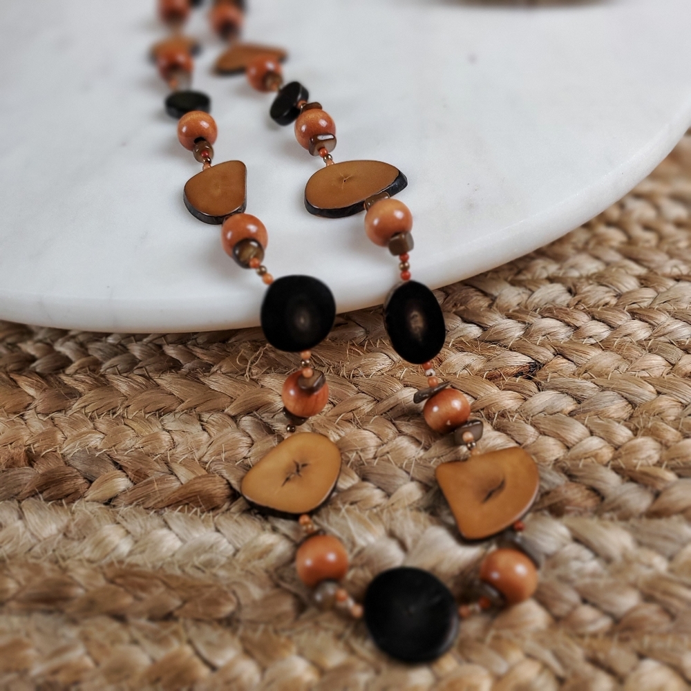 Vintage Boho long petrified chunky wood bead slice necklace - Picture 4 of 14